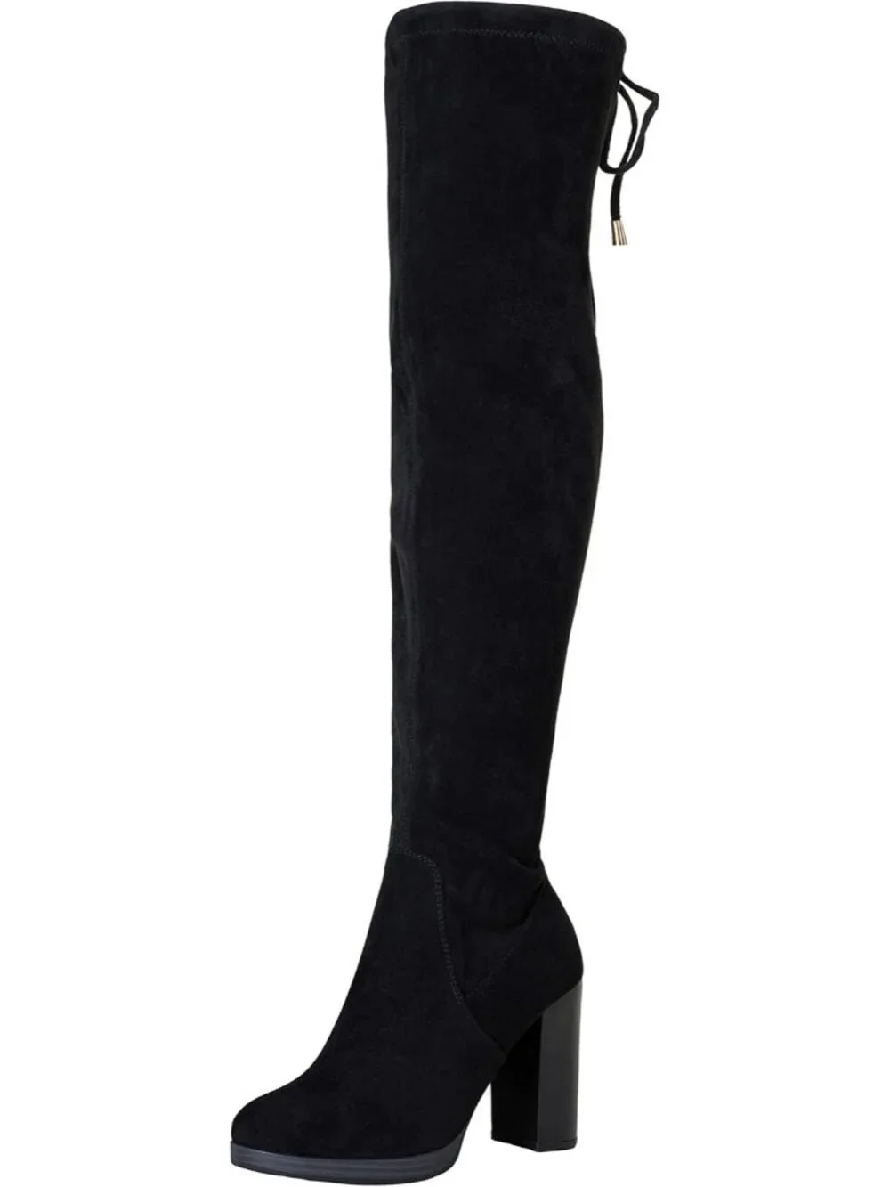 Women's Black Block Heel Round Toe Faux Suede Over The Knee Thigh High Boots